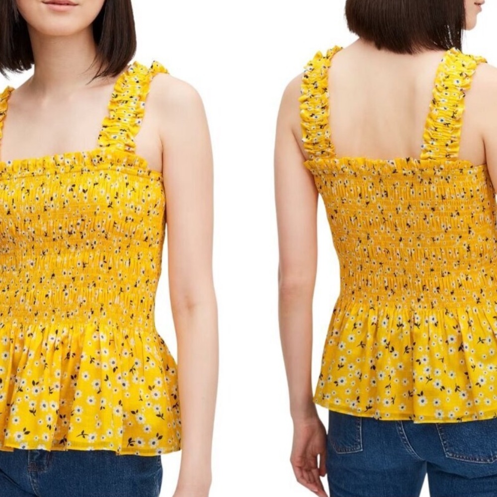 Kate Spade New York Fleurette Toss Smocked Yellow Floral Tank Top Large